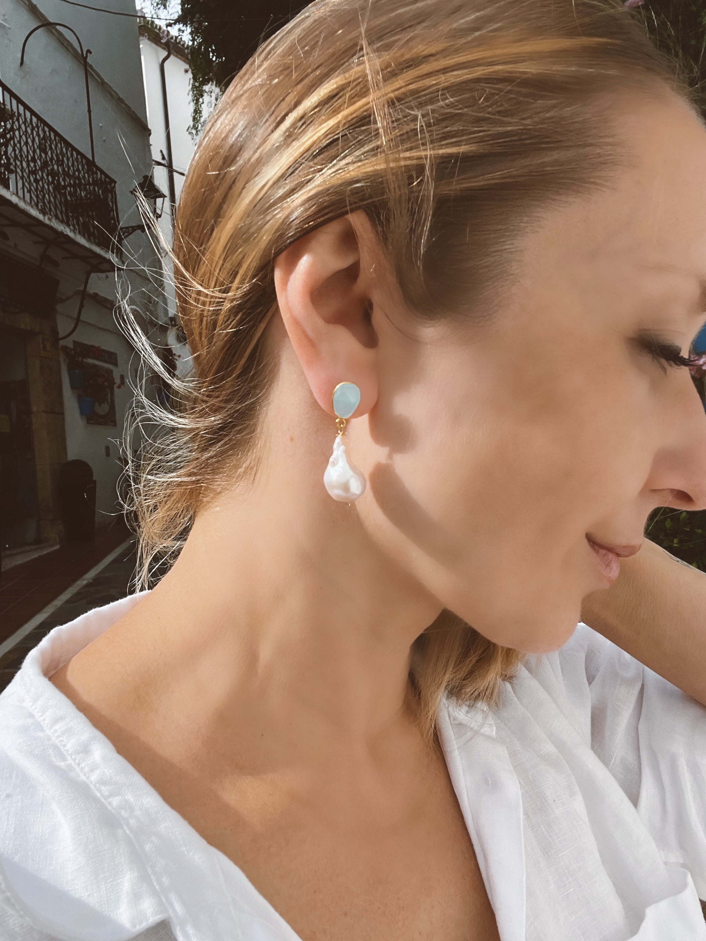Baroque Pearl And Aqua Chalcedony Earrings
