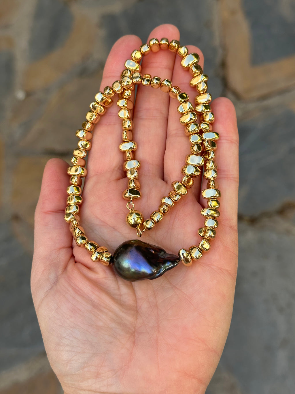 Hematite And Black Baroque Pearl Necklace