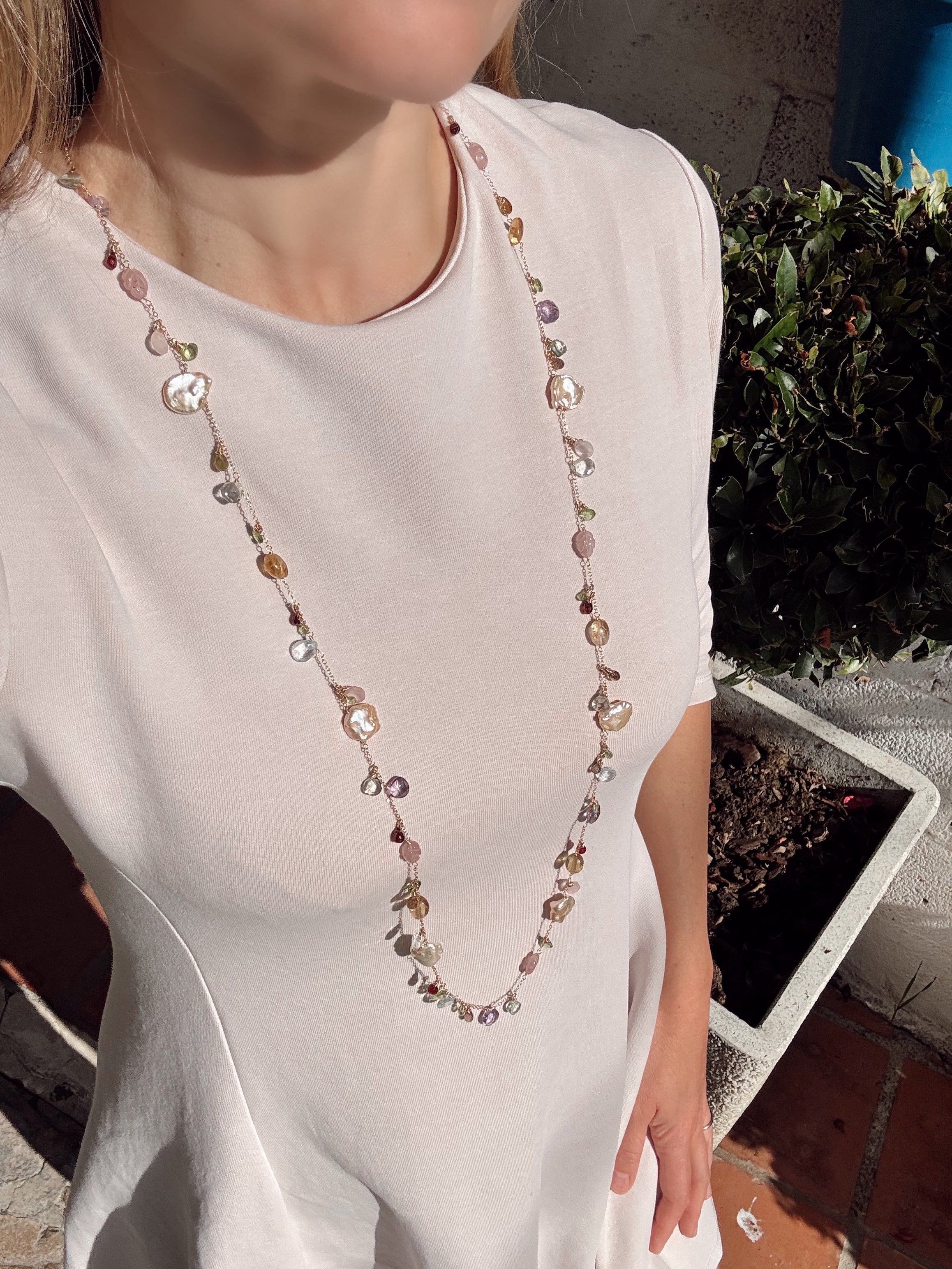 Multi Gemstone & Pink Keshi Pearl Long Necklace — 14k Gold Filled
