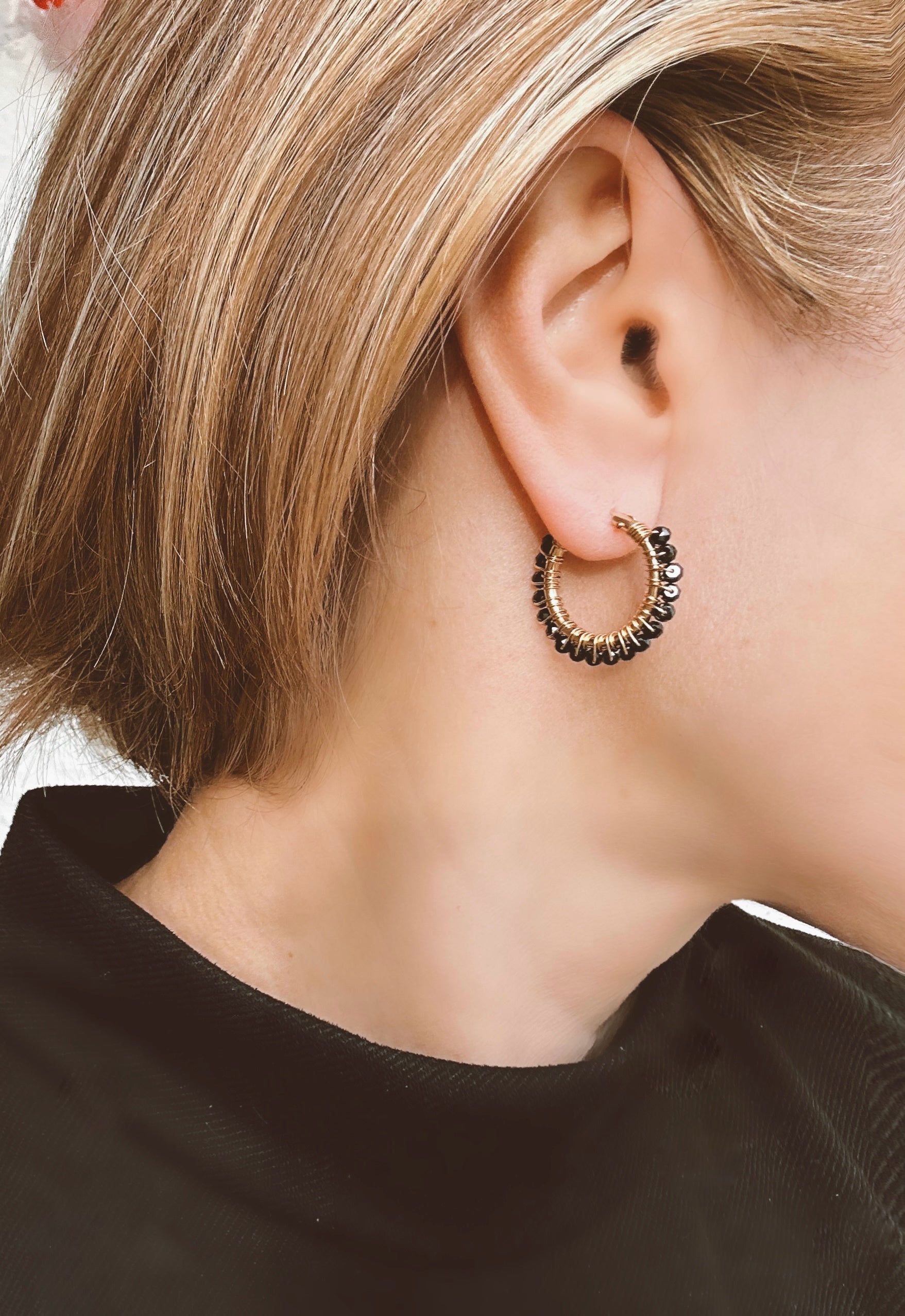 Black Spinel Hoop Earrings