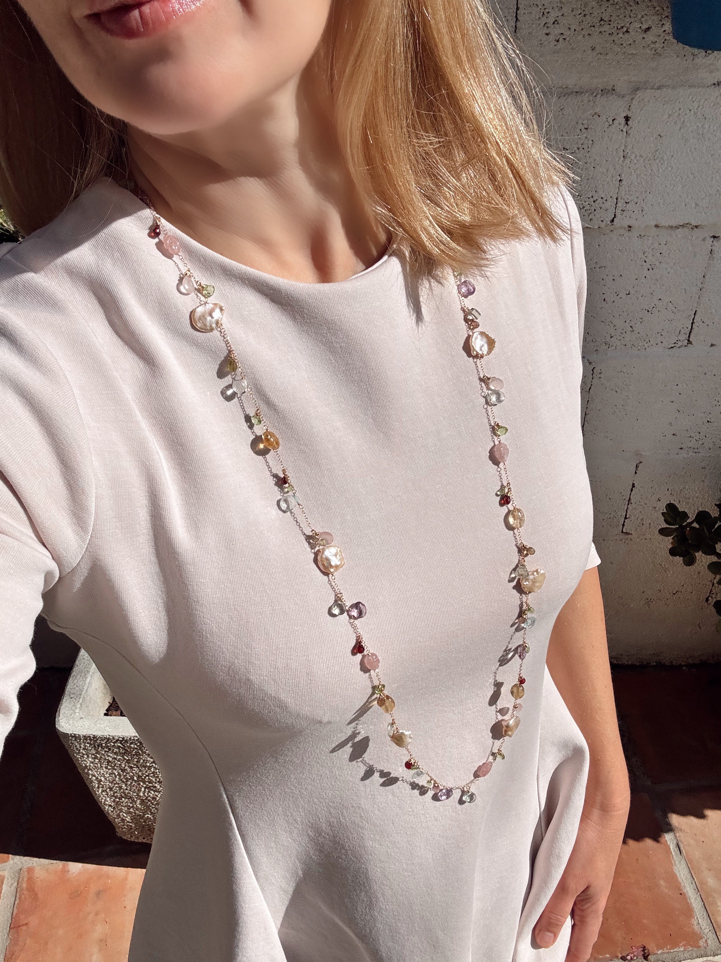 Multi Gemstone & Pink Keshi Pearl Long Necklace — 14k Gold Filled