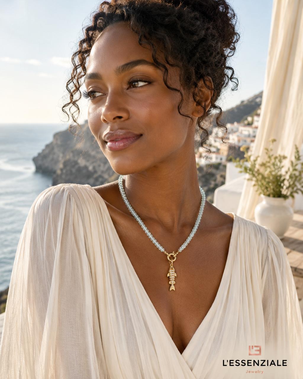 Aquamarine Beaded Necklace with Gold-Plated Silver Fish Charm