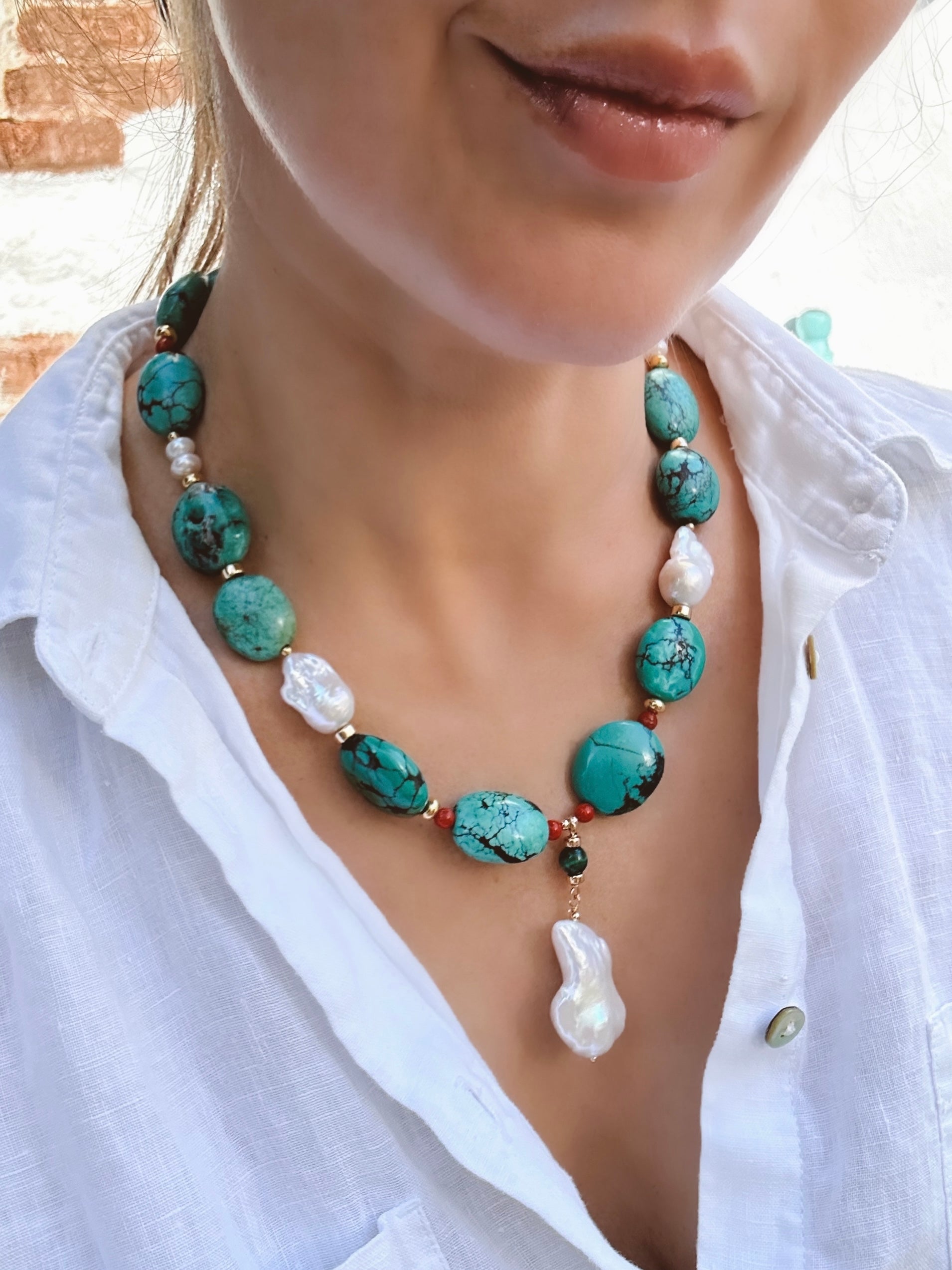 Chunky Natural Turquoise, Coral And Pearls Necklace