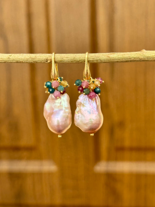 Purple Baroque Pearl Drop Earrings With Tourmalines