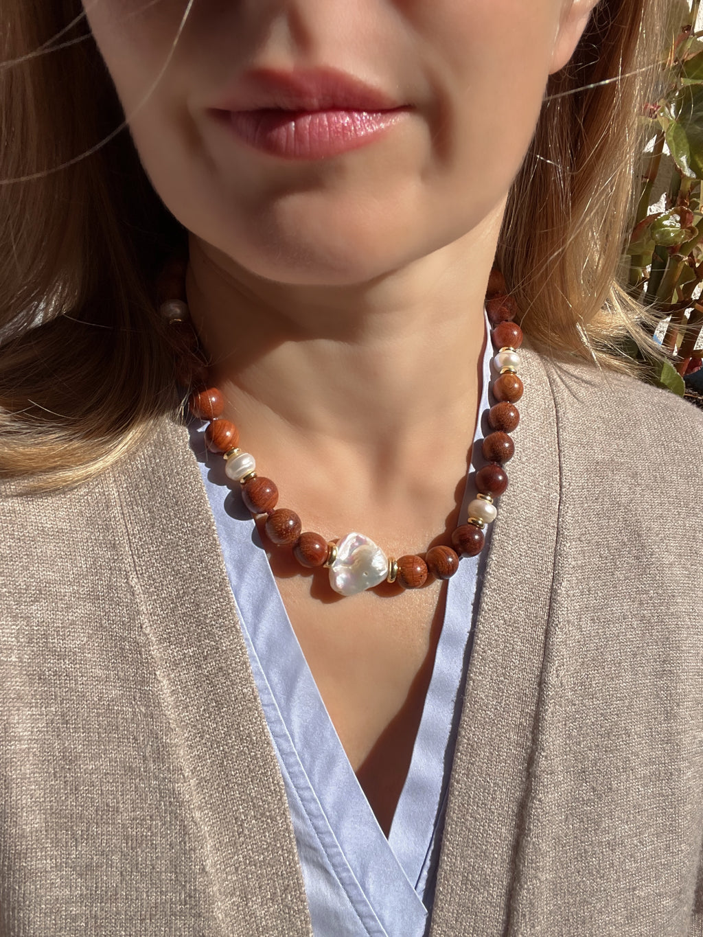 Rosewood And Pearl Statement Necklace