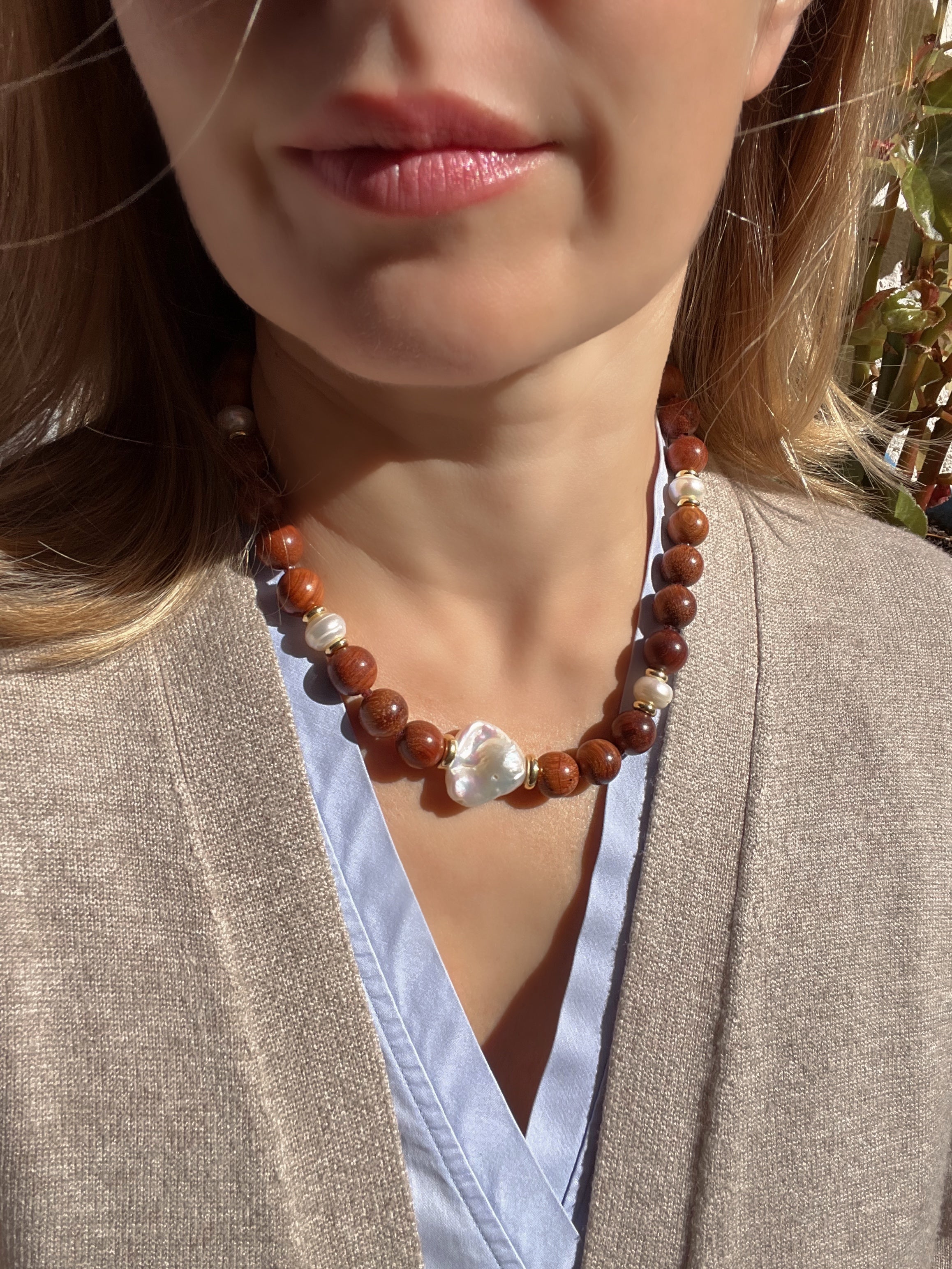 Rosewood And Pearl Statement Necklace