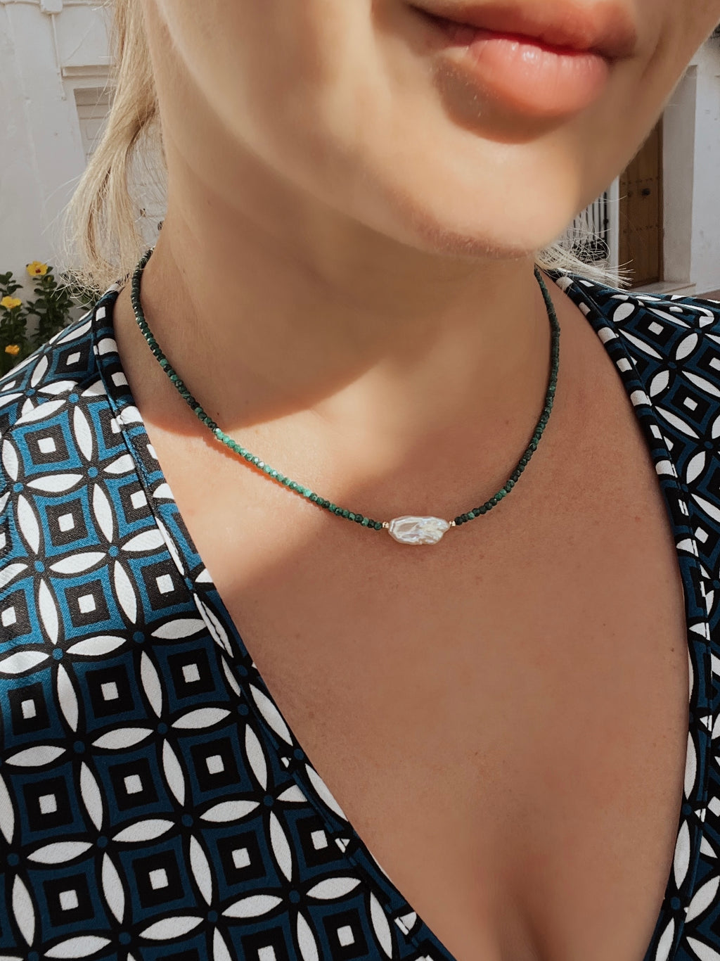 Malachite And Keshi Pearl Minimalist Necklace