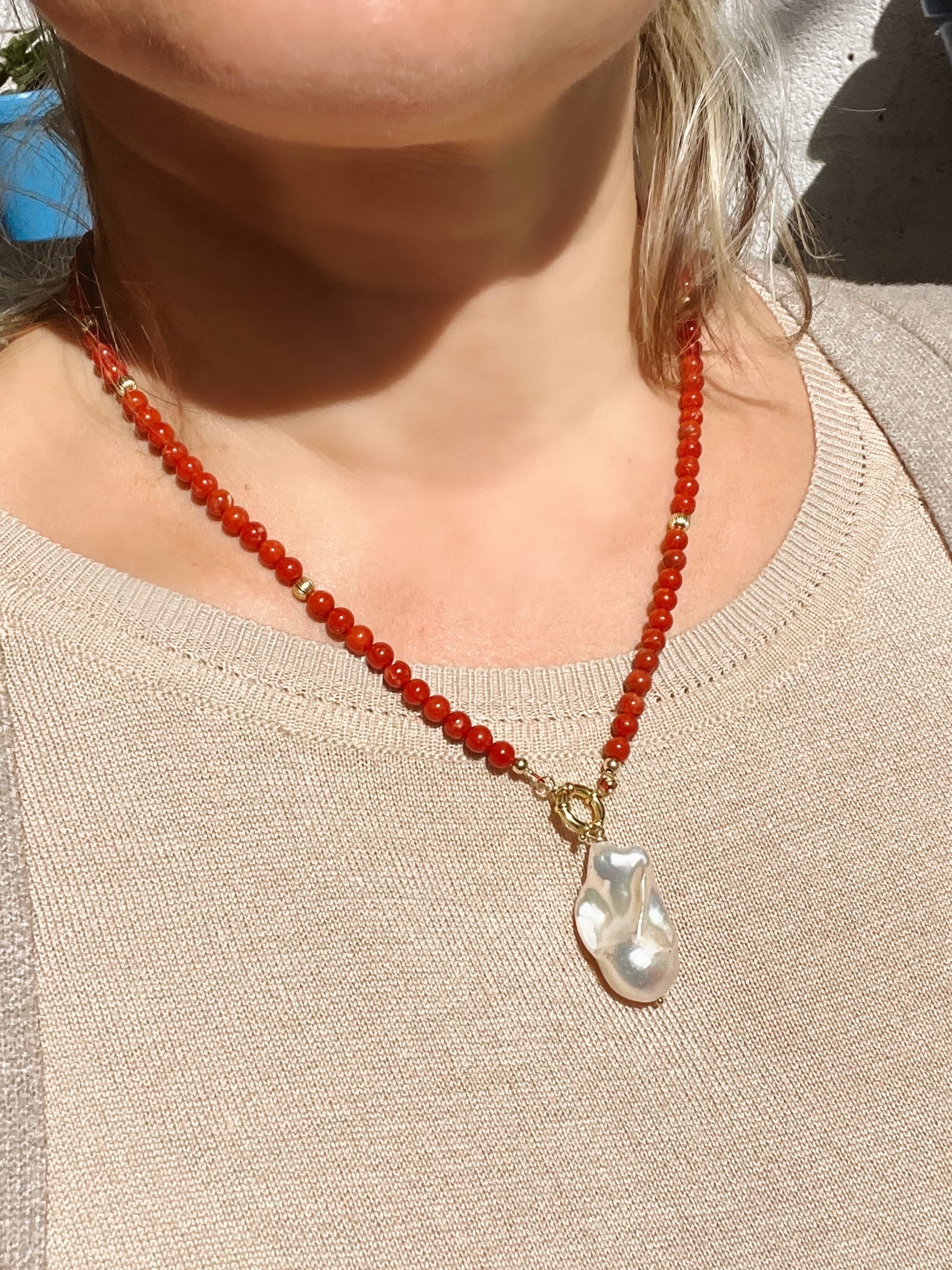 Red Mediterranean Coral Necklace in Solid 18k Gold