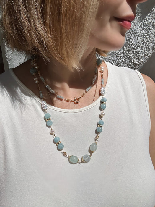 Long Aquamarine And Pearl Chain