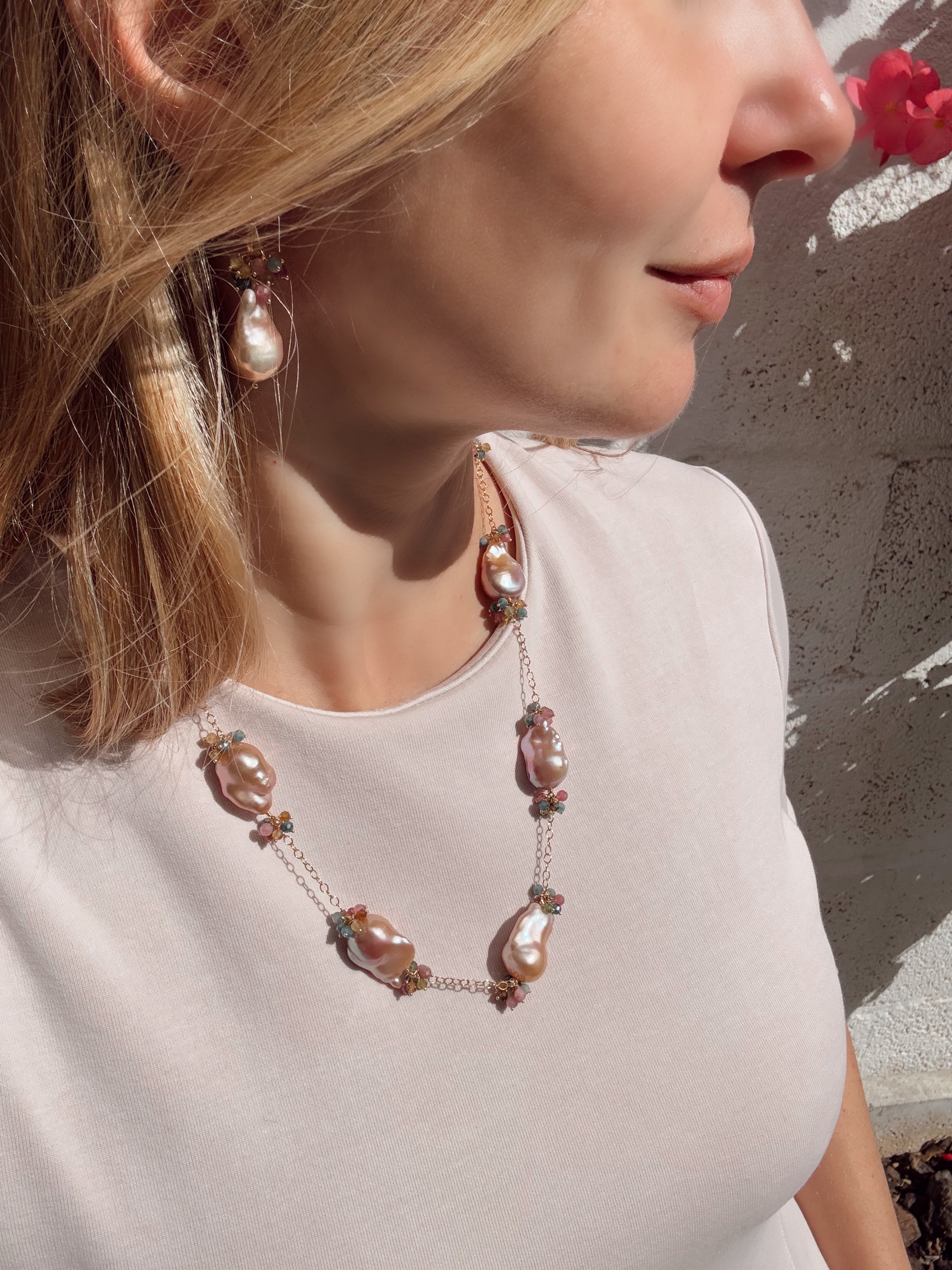 Purple Baroque Pearl & Rainbow Tourmaline Necklace — 14k Gold Filled