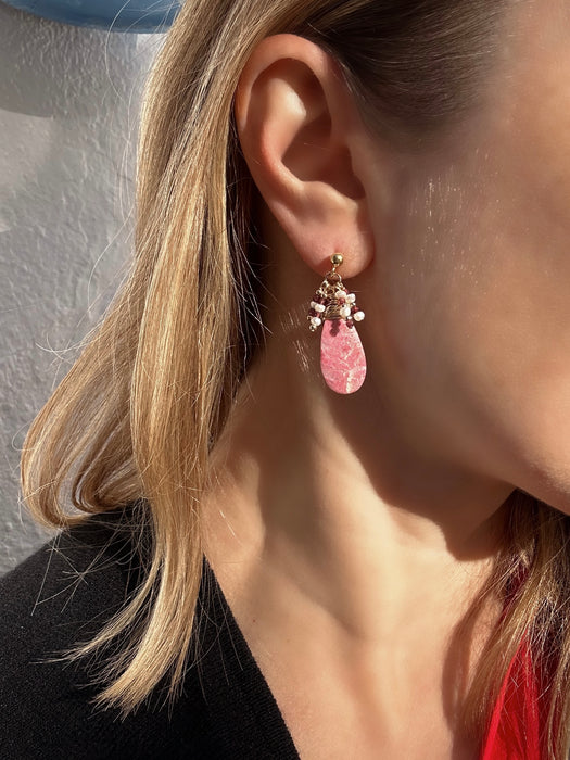 Rhodocrosite Drop Earrings with Garnet and Pearls Cluster