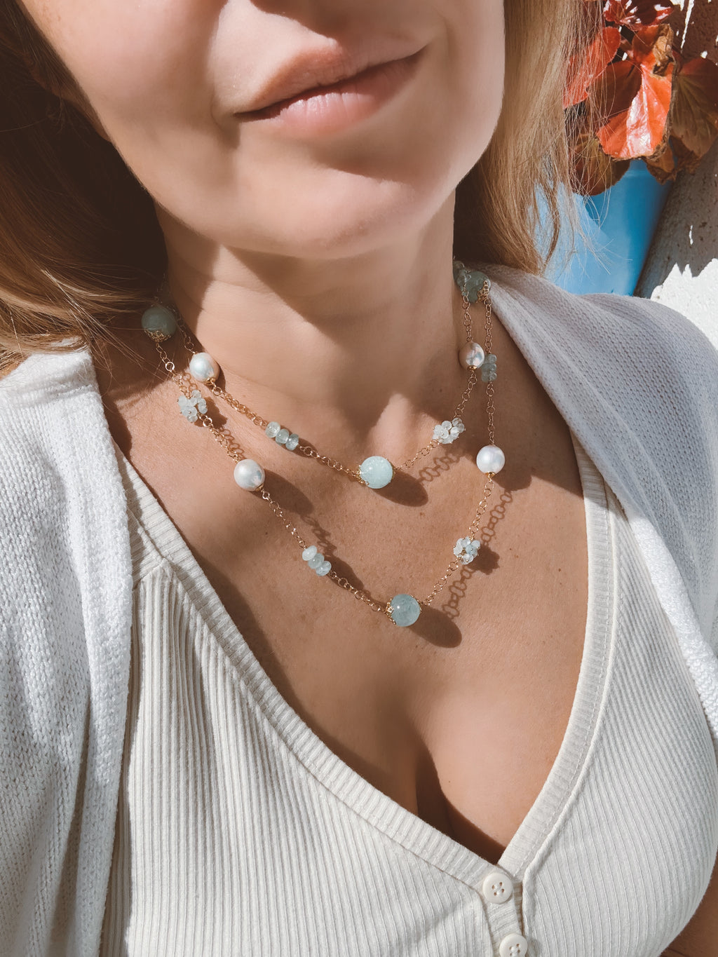 Aquamarine & Freshwater Pearl Long Necklace “Capri”