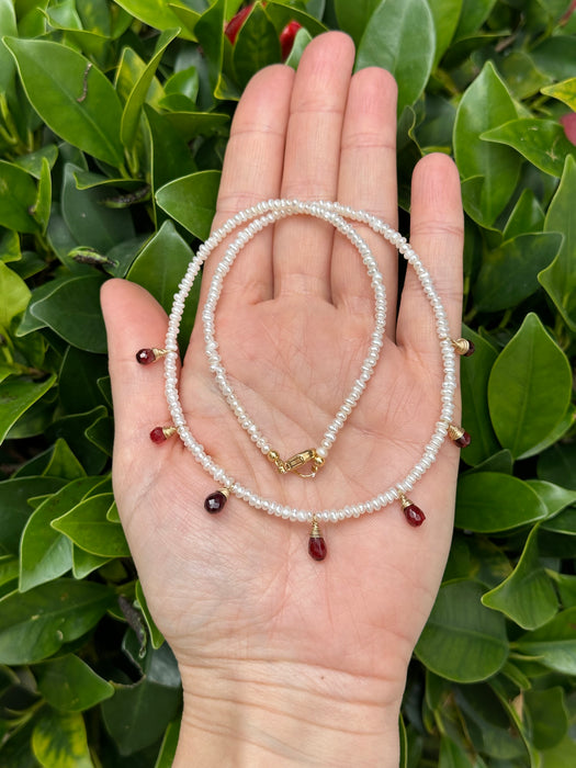 Garnet and pearl dainty necklace