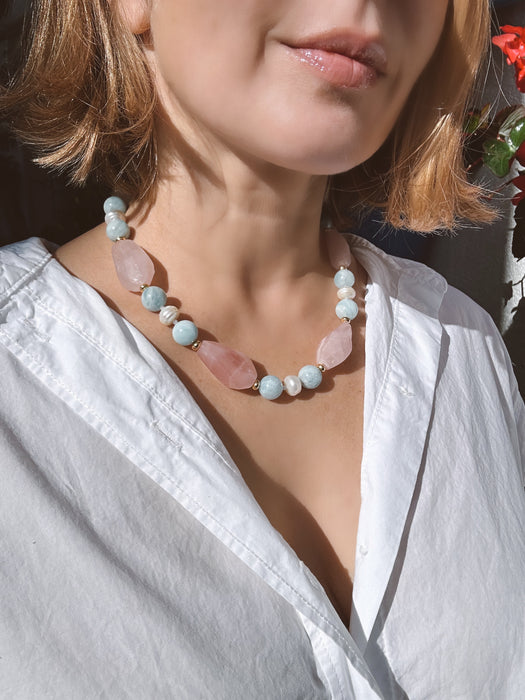 Chunky Rose Quartz, Aquamarine and Pearl Statement Necklace