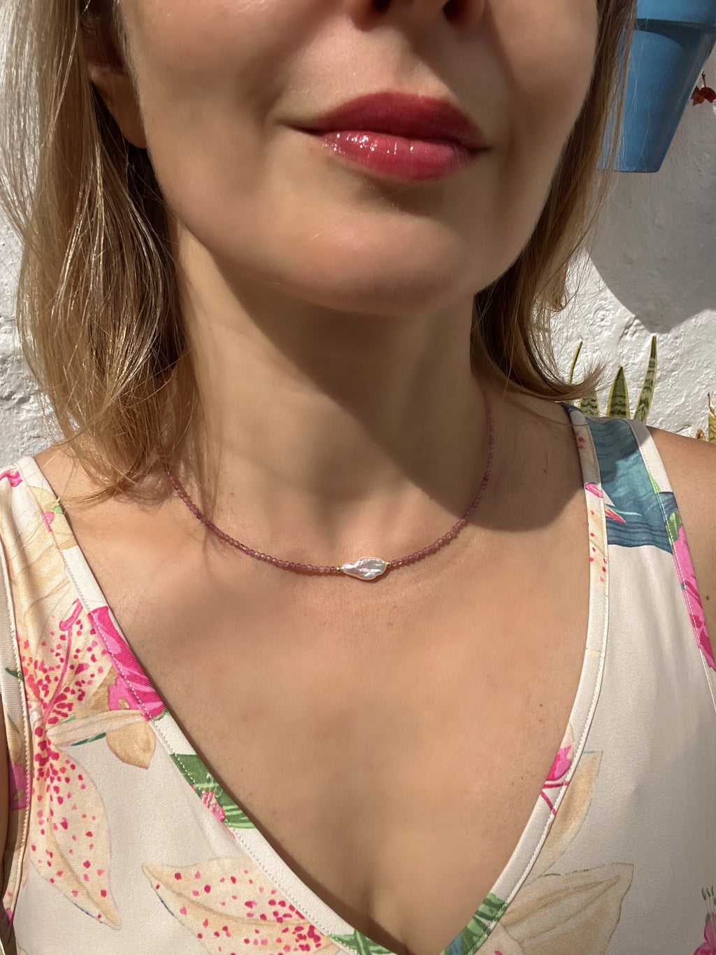 Pink Tourmaline and Keshi Pearl Necklace, October Birthstone Necklace