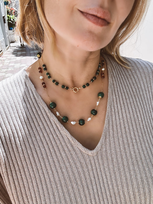 Long Malachite And Pearl Chain