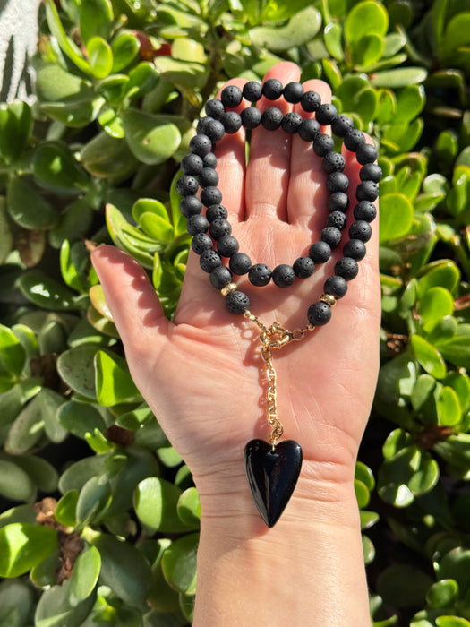 Heart Necklace in Lava Stone Beads and Black Onyx Pendant