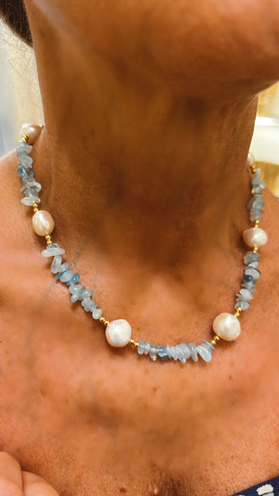 Aquamarine Chips And Pearl Necklace