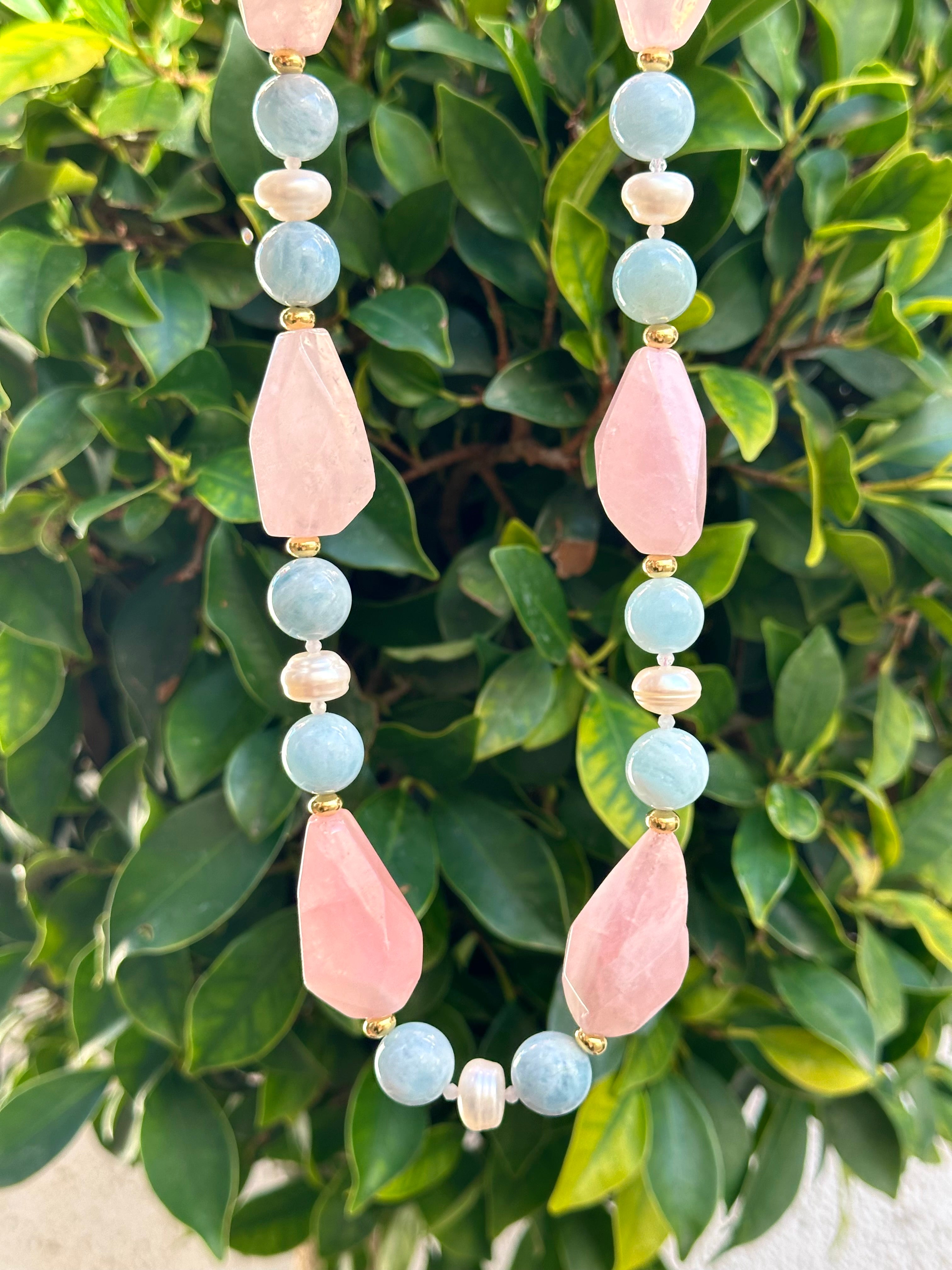 Chunky Rose Quartz, Aquamarine and Pearl Statement Necklace