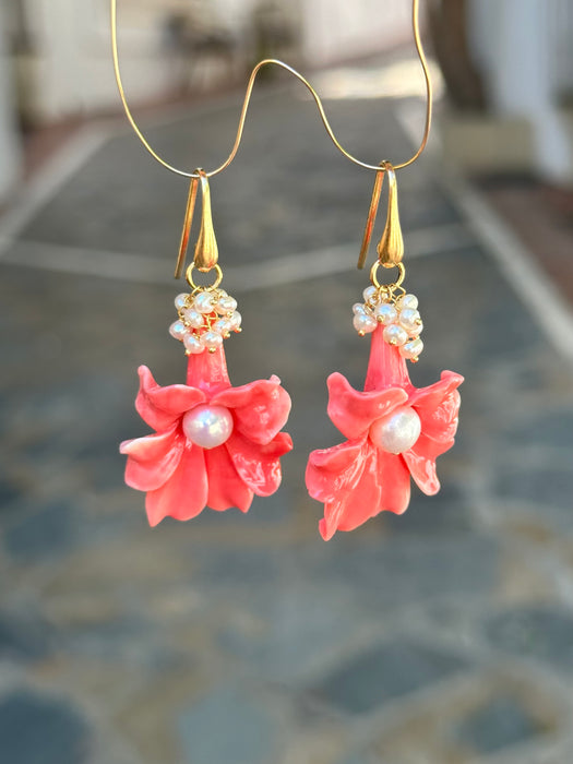 Carved shell flower and pearl earrings