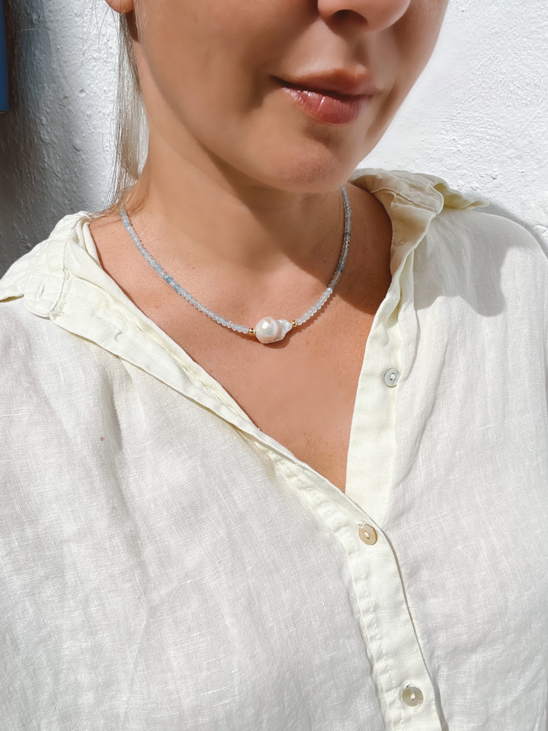 Aquamarine And Baroque Pearl Necklace, March Birthstone