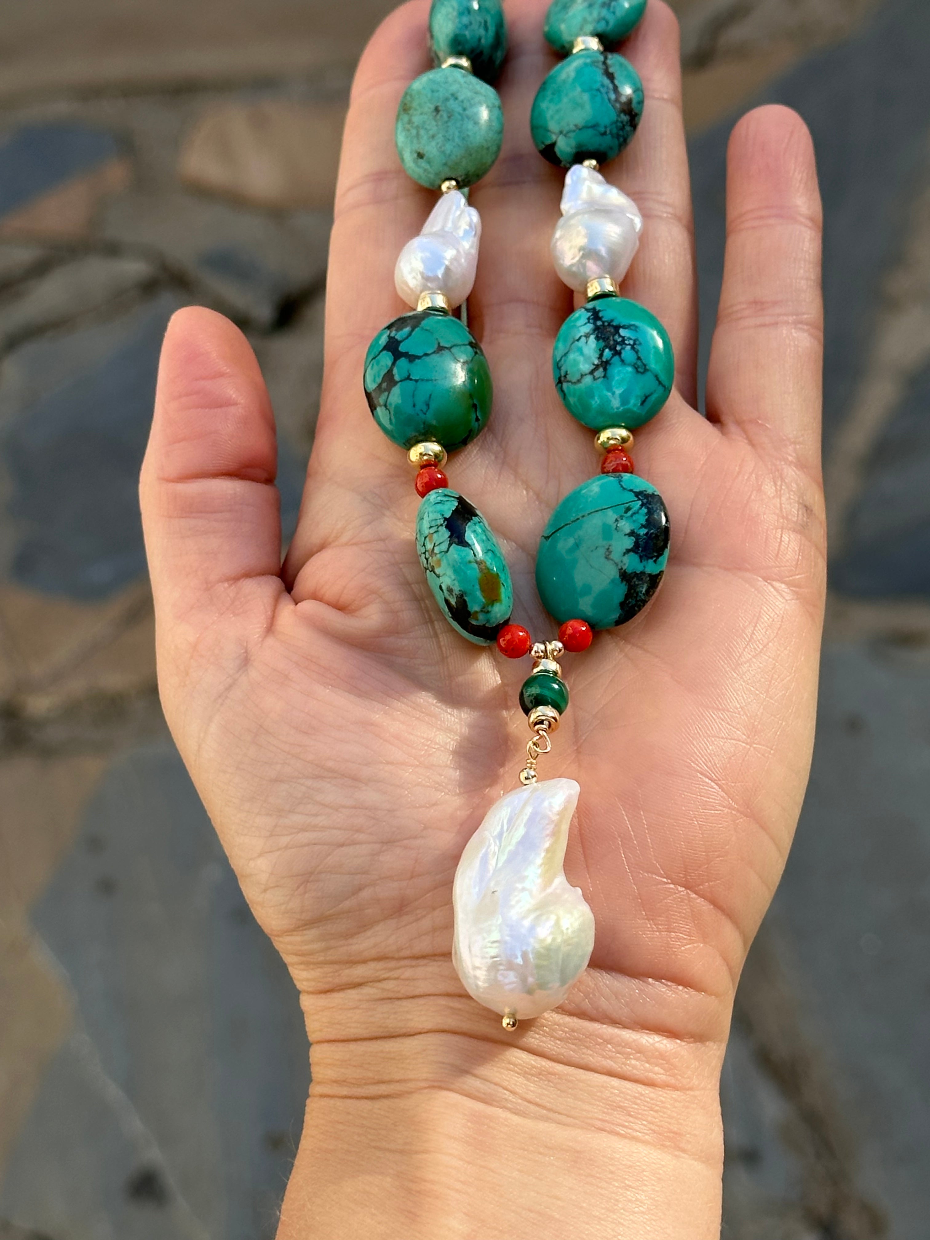 Chunky Natural Turquoise, Coral And Pearls Necklace