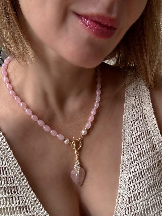 Rose Quartz Lariat Necklace With Heart Pendant