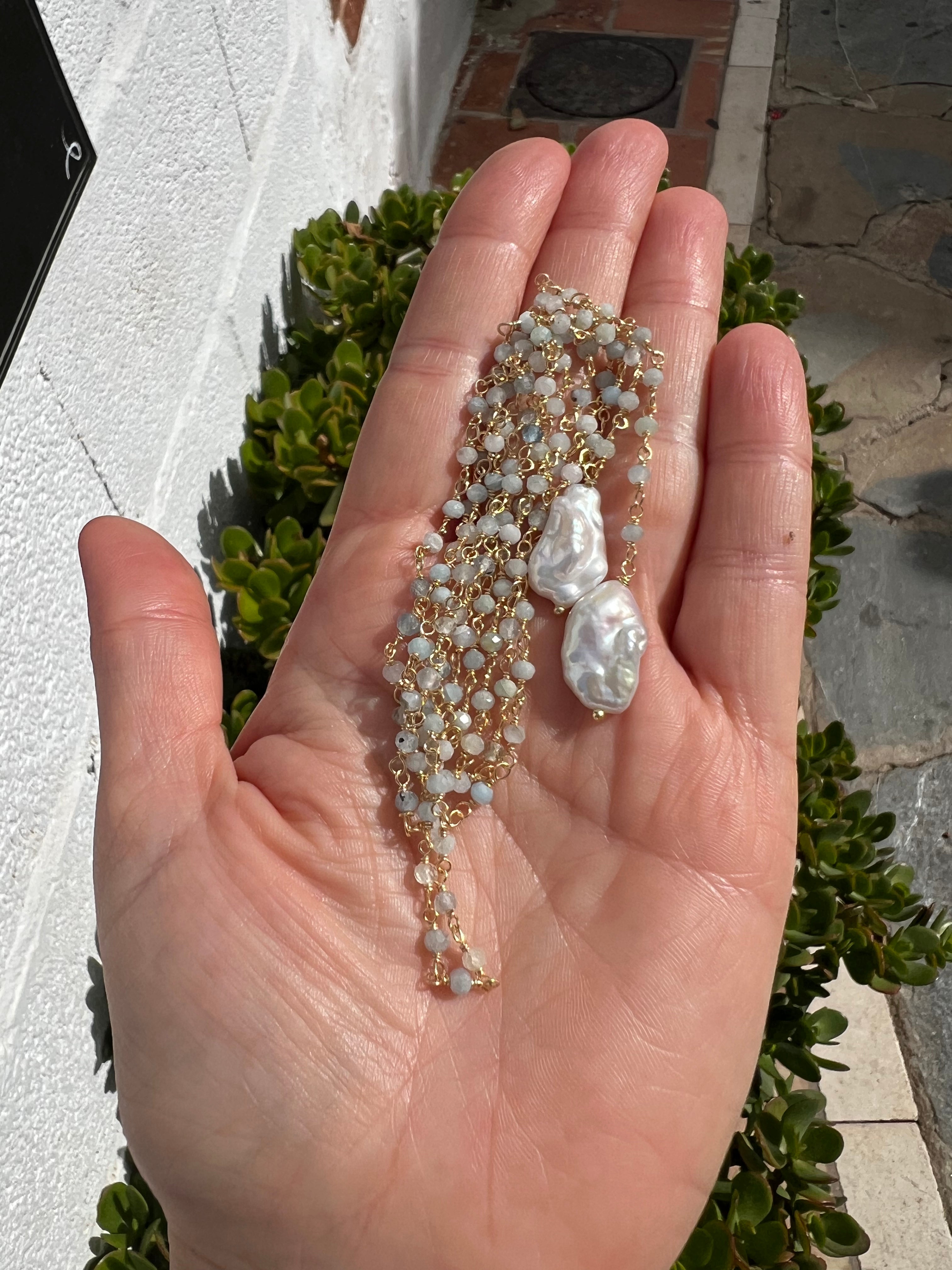 Aquamarine Lariat Rosary Chain With Two Keshi Pearls