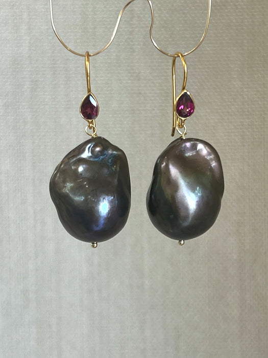 Black Baroque Pearl and Rhodolite Garnet Earrings