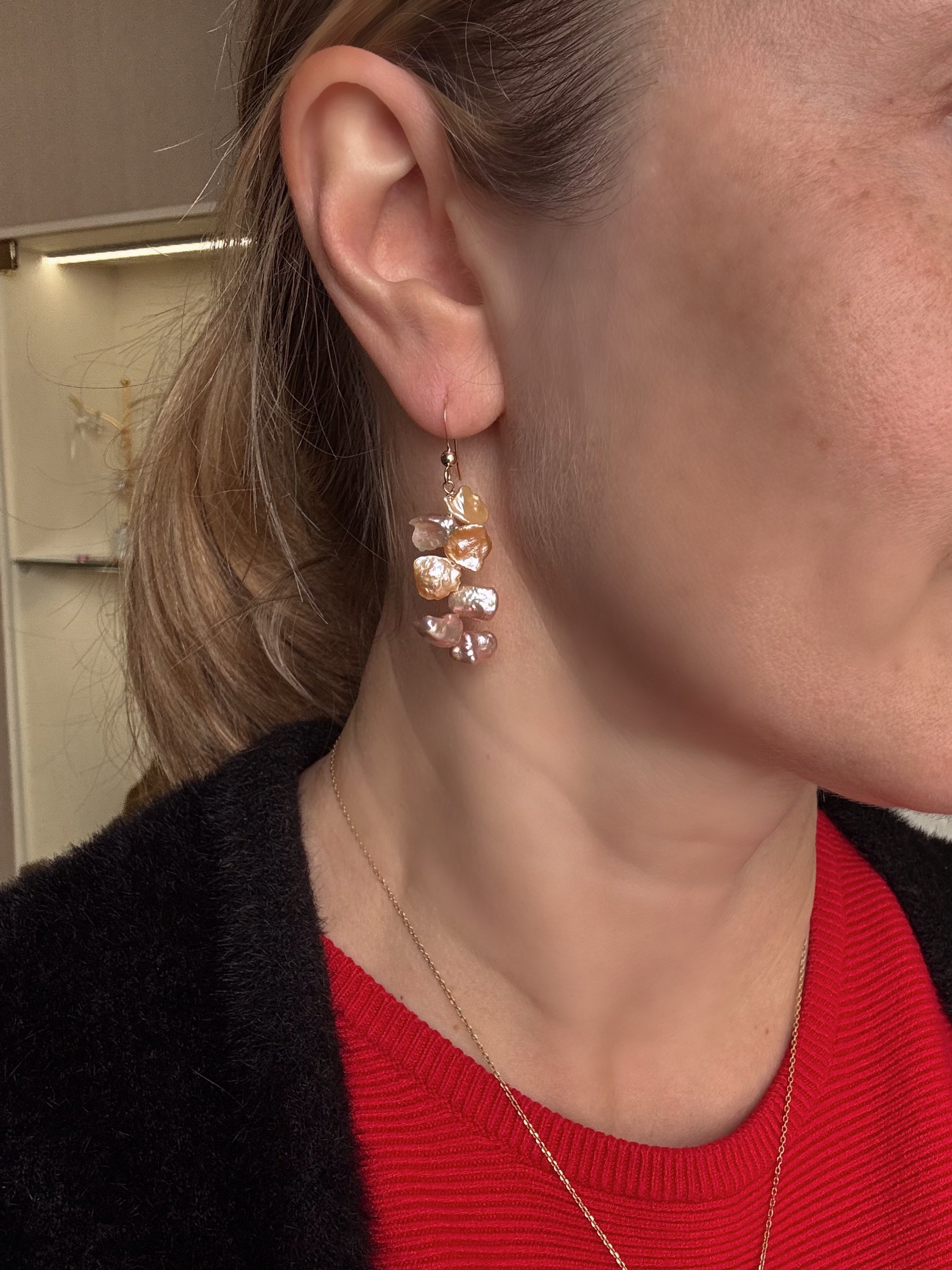 Pink Keshi Pearl Dangle Earrings — Gold-Plated Silver