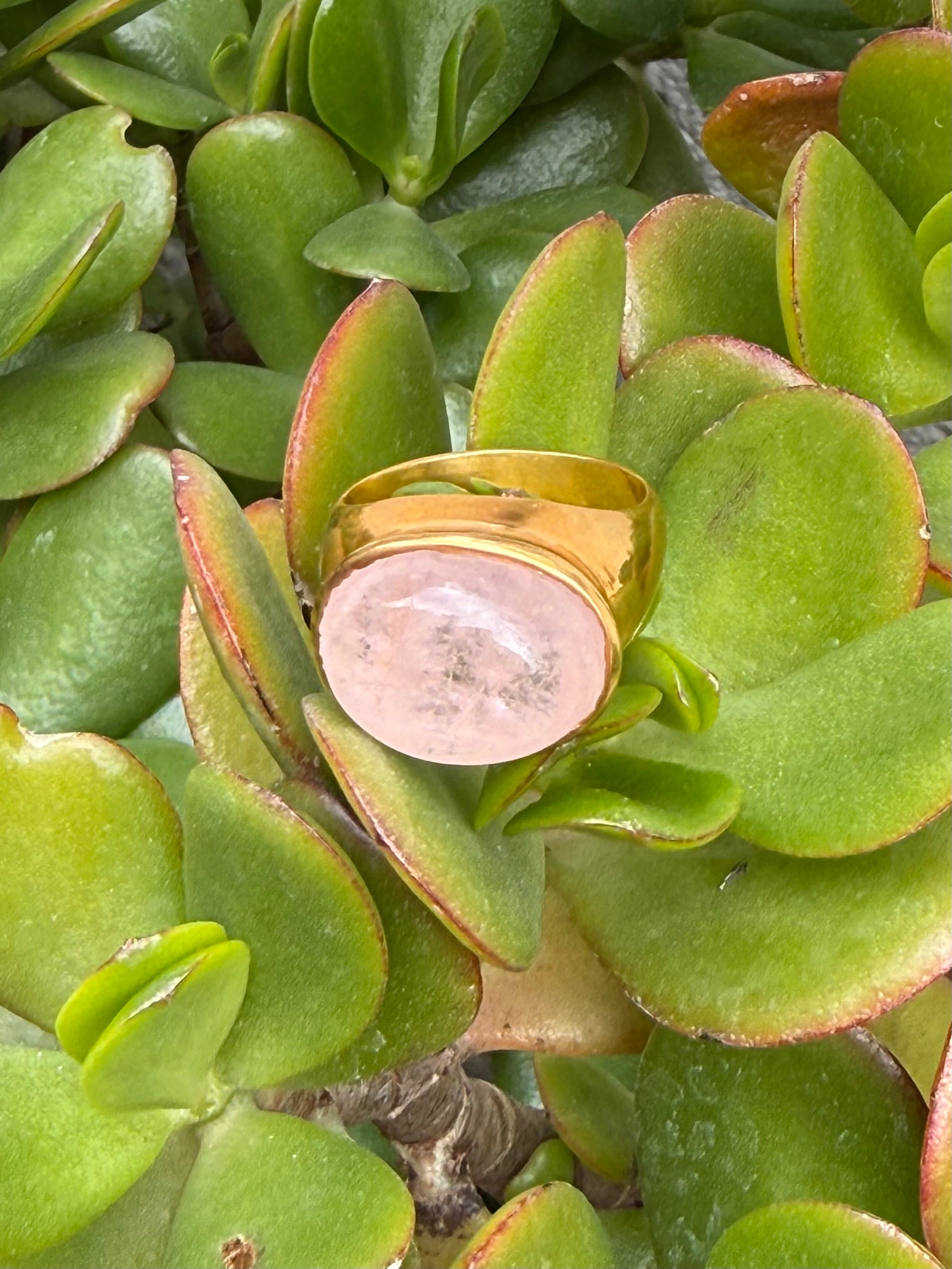 Soft Rose Quartz Cabochon Ring — Gold‑Plated Sterling Silver