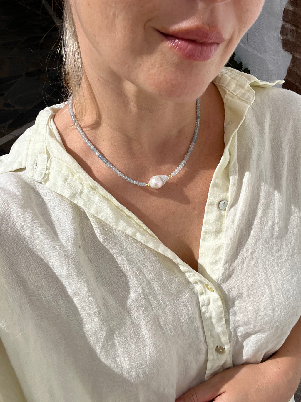 Aquamarine And Baroque Pearl Necklace, March Birthstone