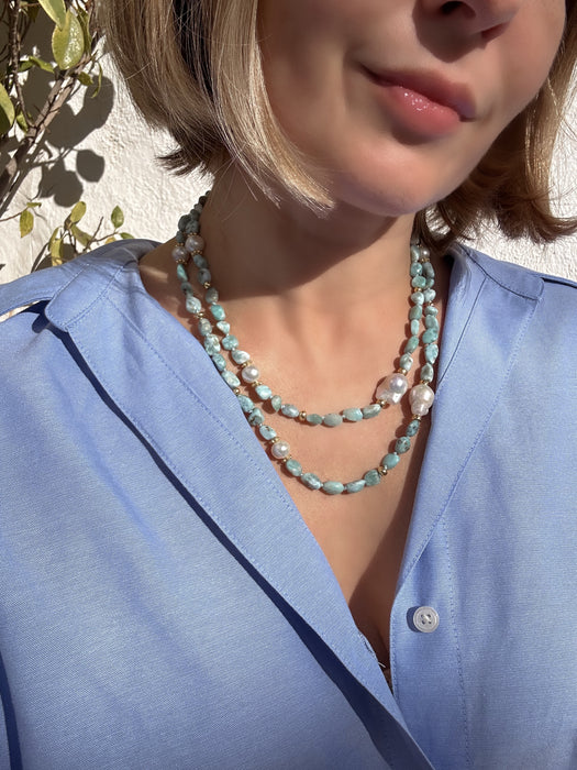 Long Larimar and Baroque Pearl necklace “La Romana”