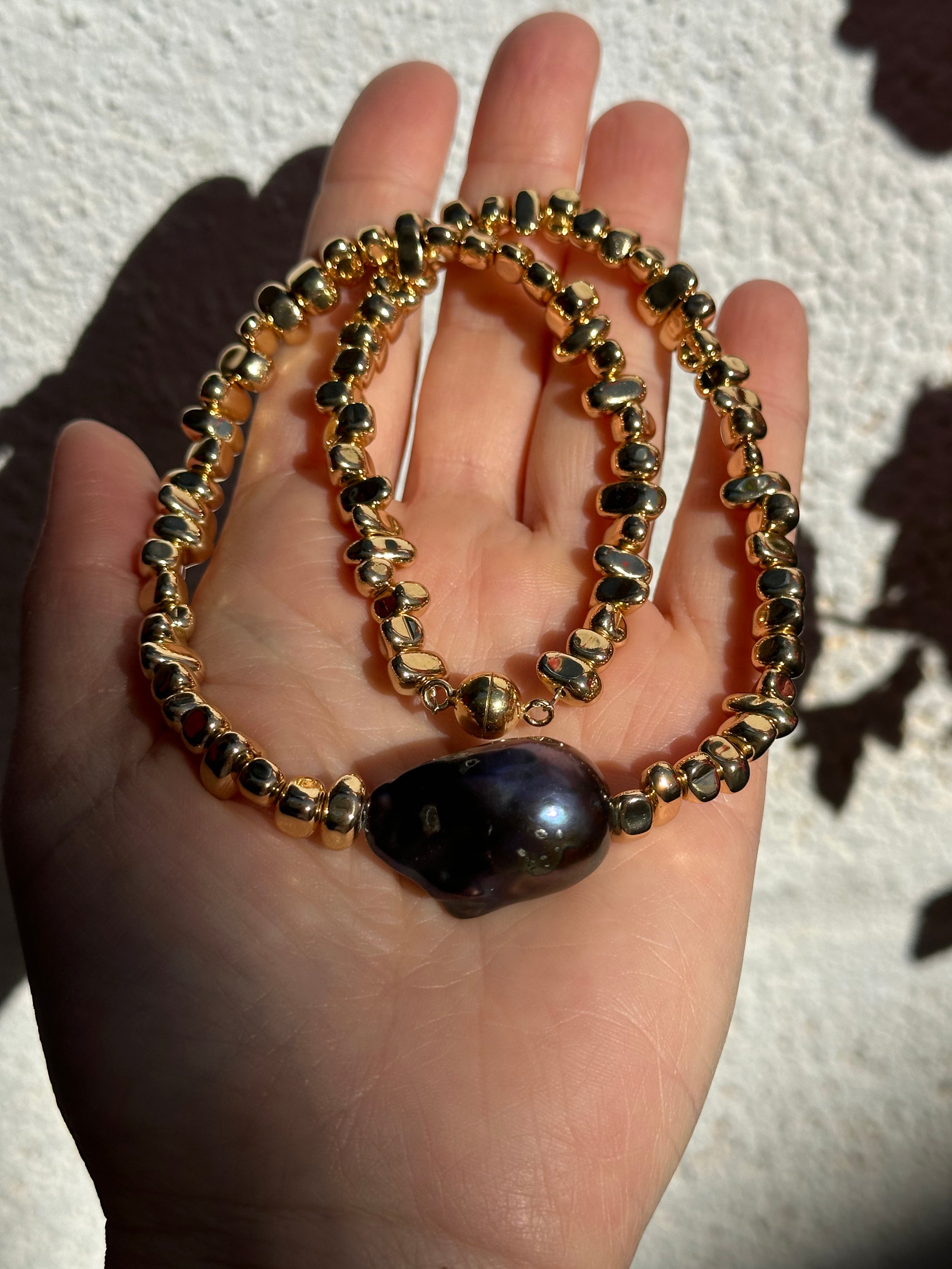 Hematite And Black Baroque Pearl Necklace