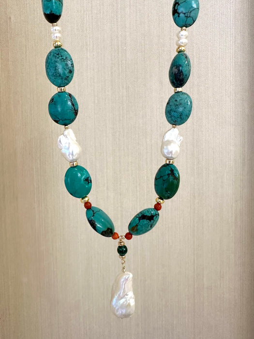 Chunky Natural Turquoise, Coral And Pearls Necklace
