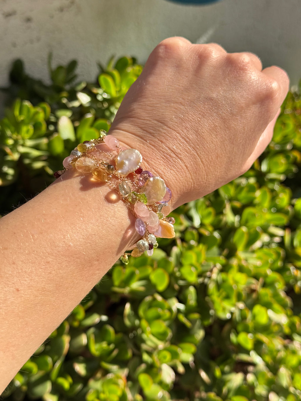 Multi Gemstone & Pink Keshi Pearl Long Necklace — 14k Gold Filled