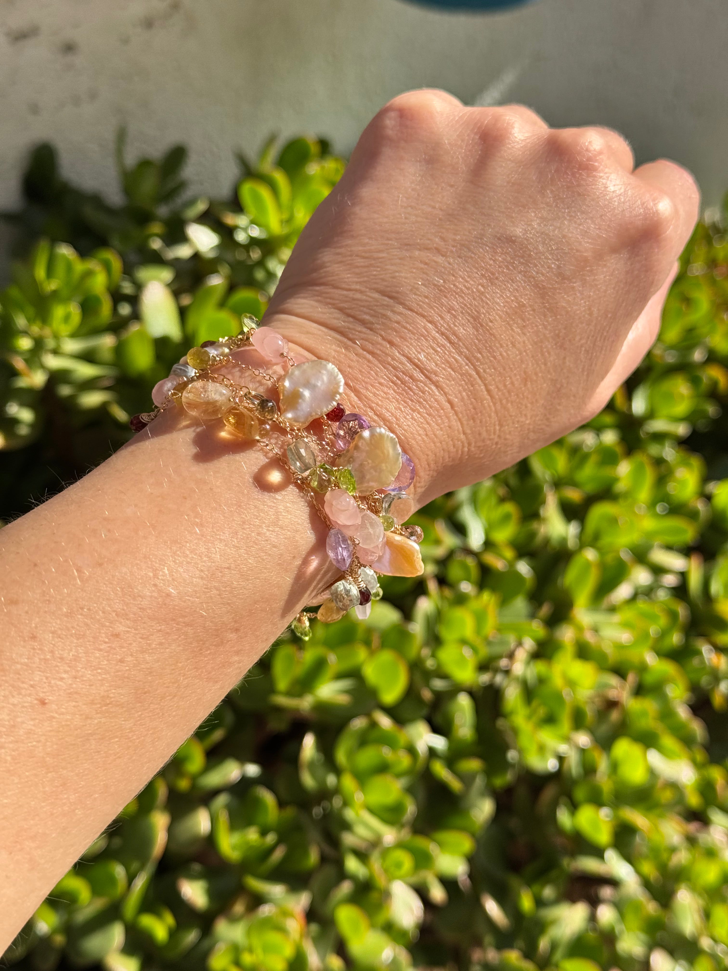Multi Gemstone & Pink Keshi Pearl Long Necklace — 14k Gold Filled
