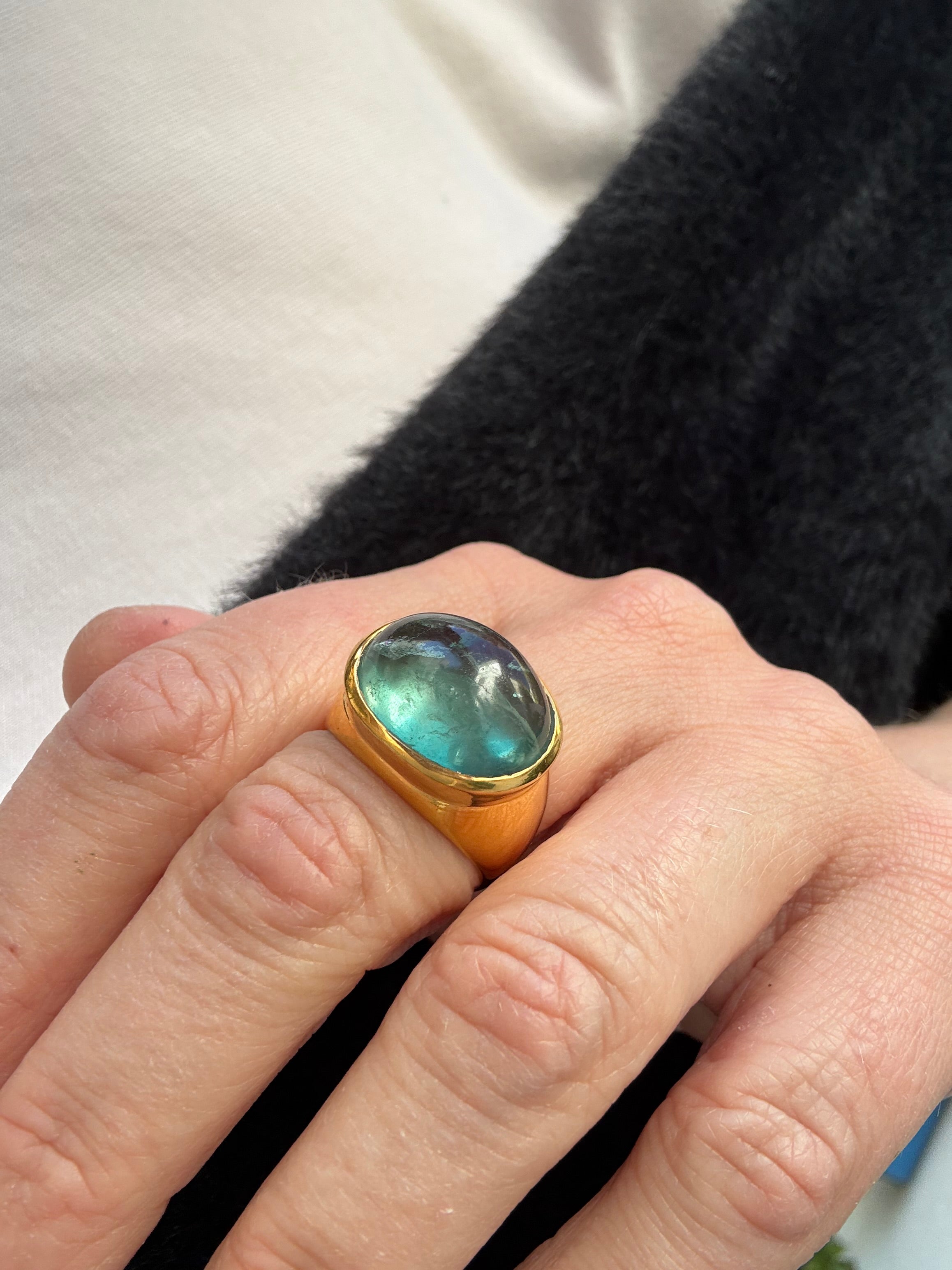 Teal Fluorite Cabochon Ring — Gold-Plated Sterling Silver