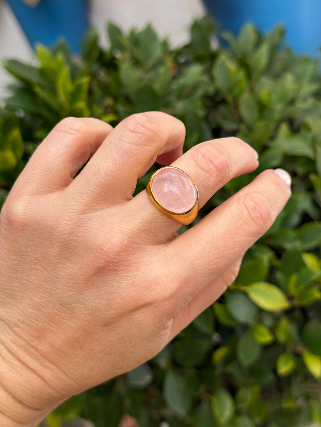 Soft Rose Quartz Cabochon Ring — Gold‑Plated Sterling Silver
