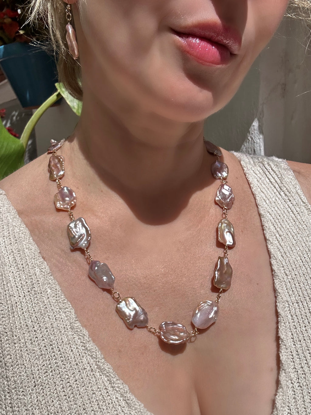 Large Purple Keshi Pearl Necklace and Earrings Set