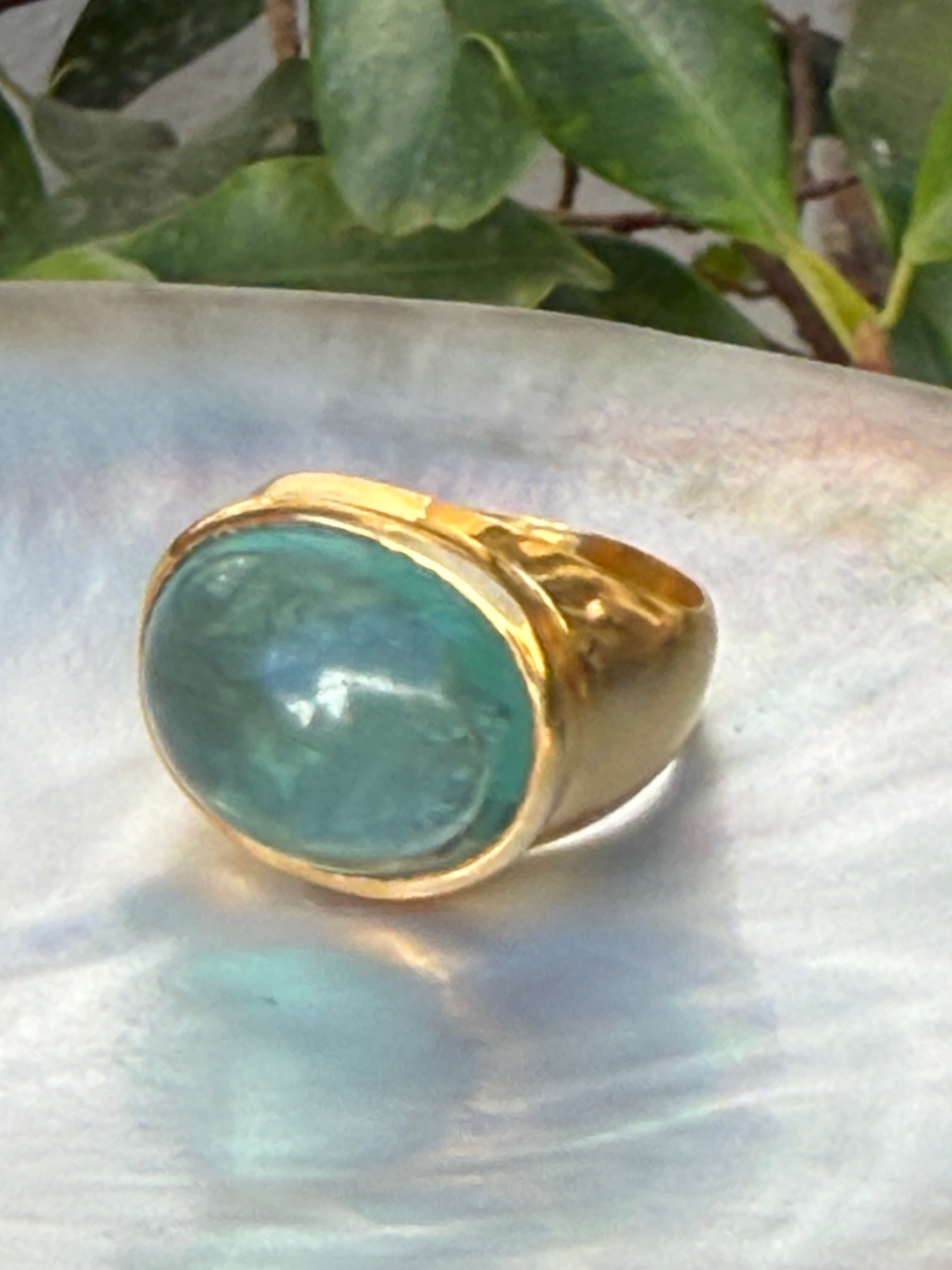 Teal Fluorite Cabochon Ring — Gold-Plated Sterling Silver