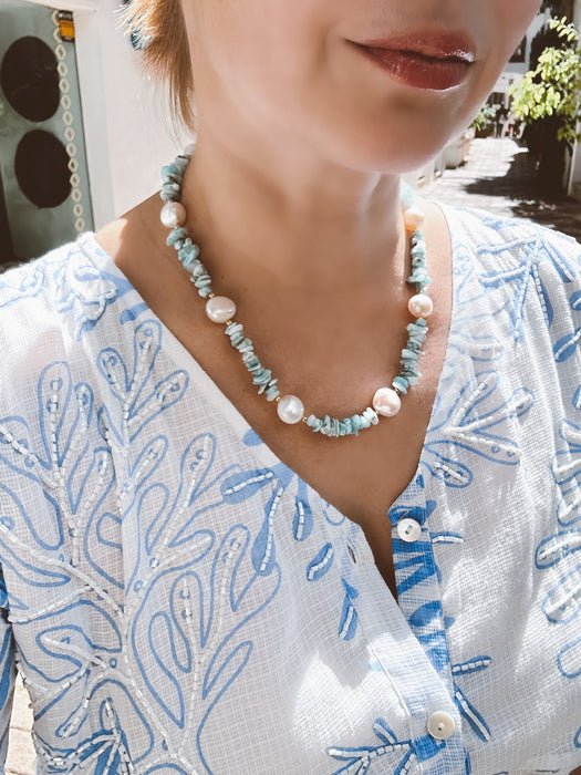 Larimar chips and Baroque pearls necklace