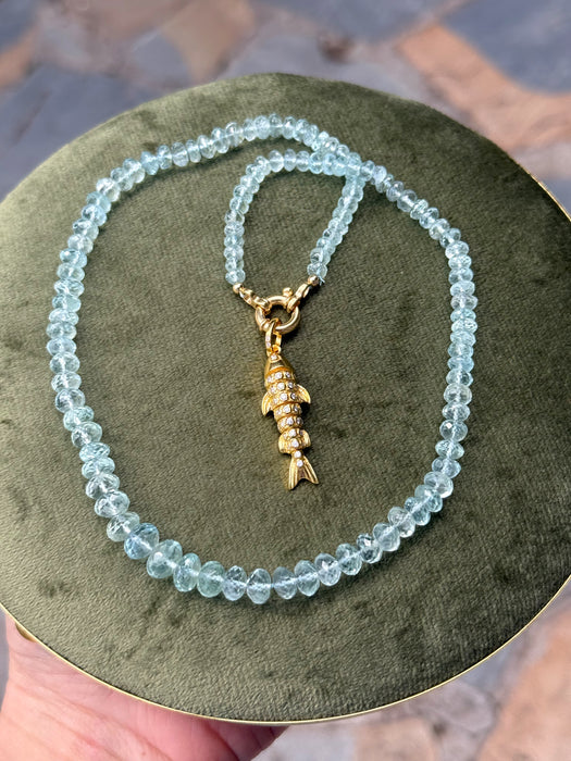 Aquamarine Beaded Necklace with Gold Plated Silver Fish Charm