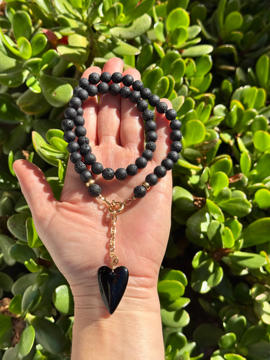 Heart Necklace in Lava Stone Beads and Black Onyx Pendant