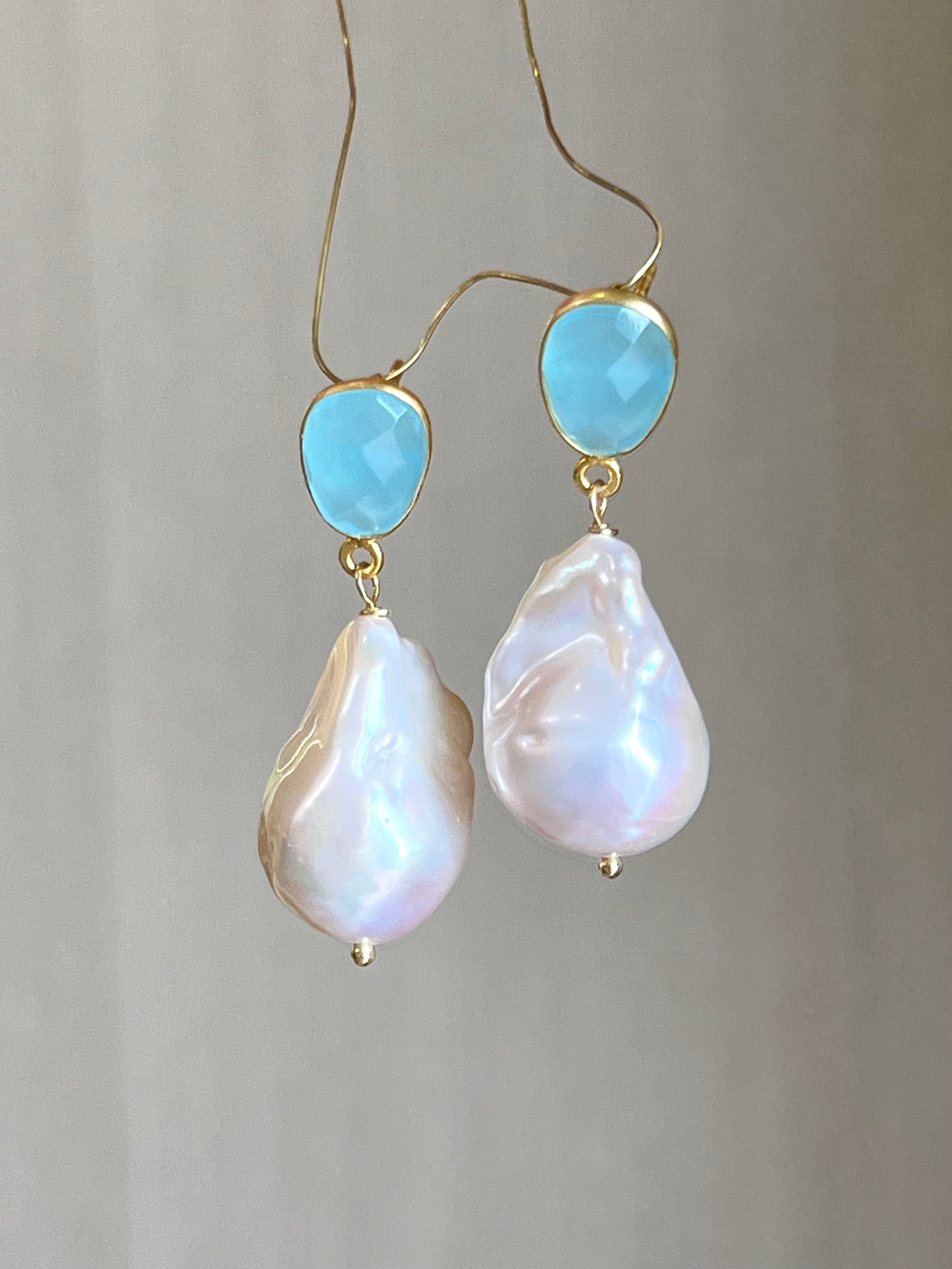 Baroque Pearl And Aqua Chalcedony Earrings