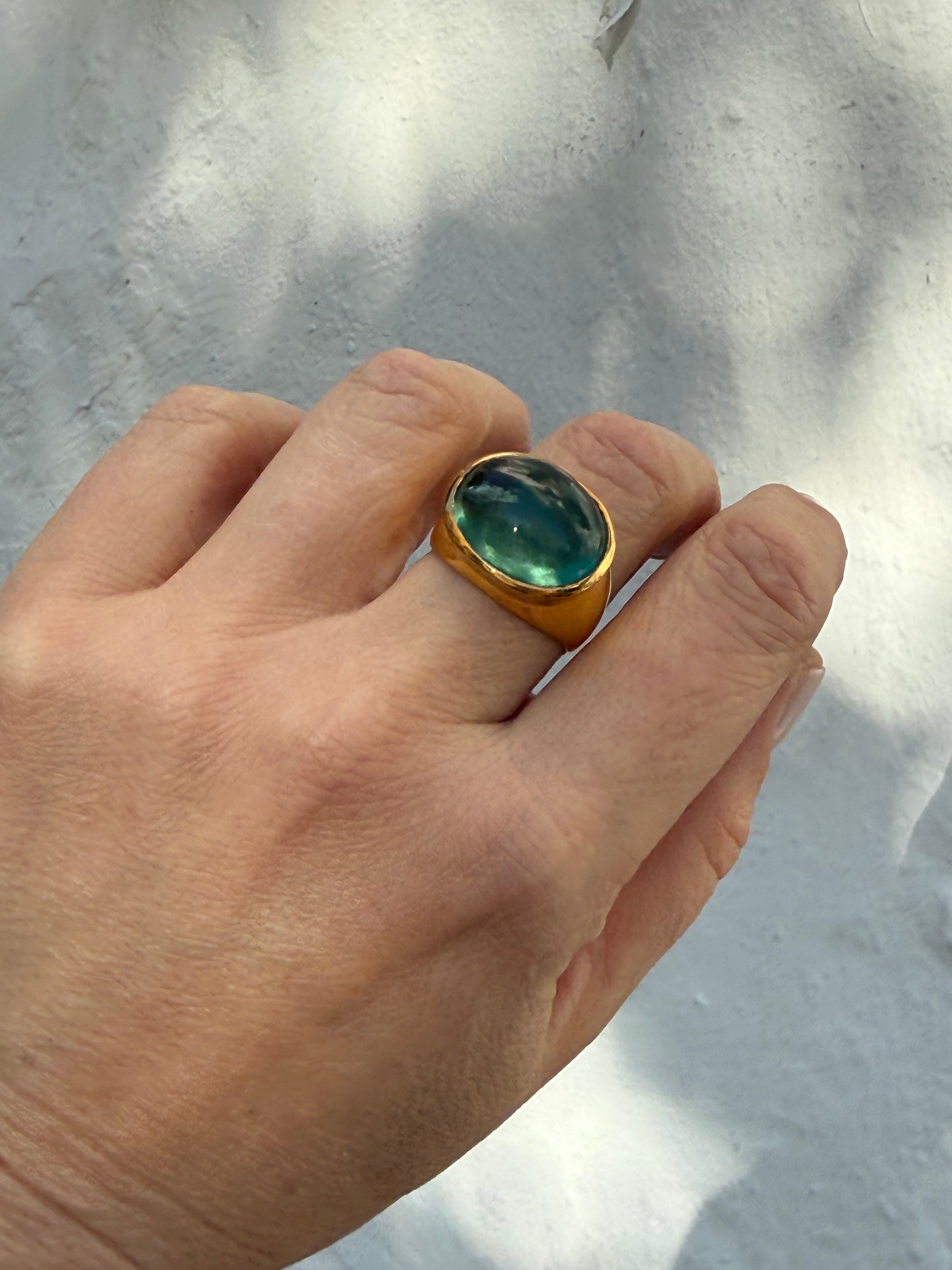 Teal Fluorite Cabochon Ring — Gold-Plated Sterling Silver