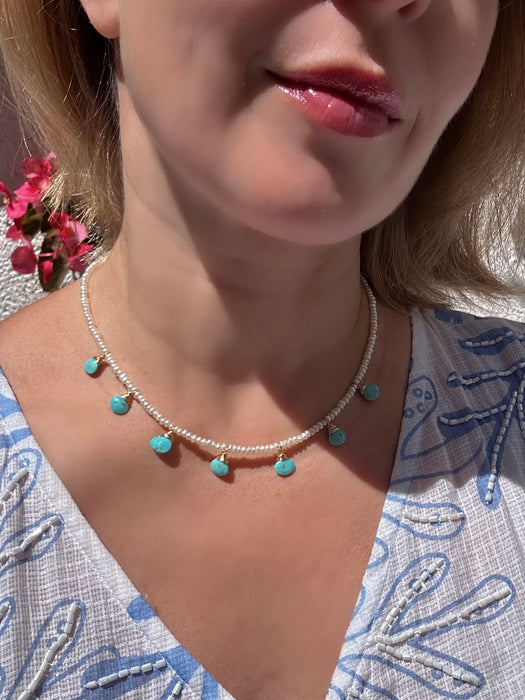 Natural Turquoise and Tiny Pearl Necklace