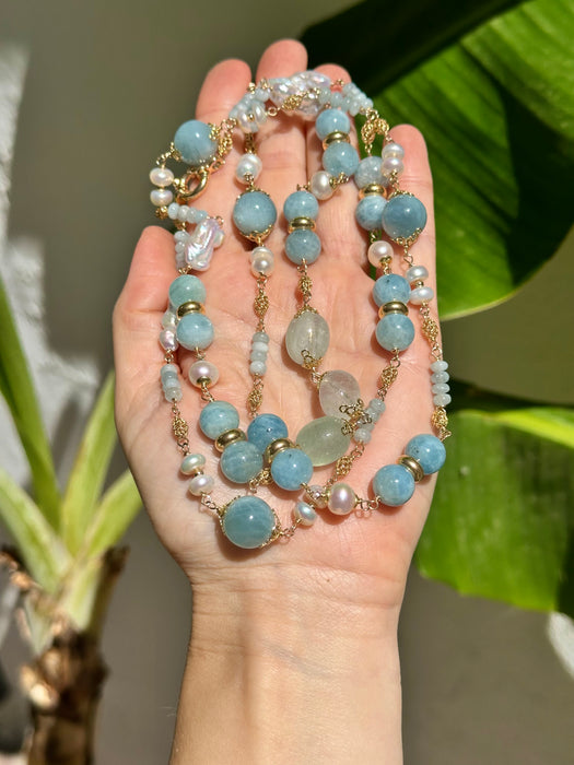 Long Aquamarine And Pearl Chain