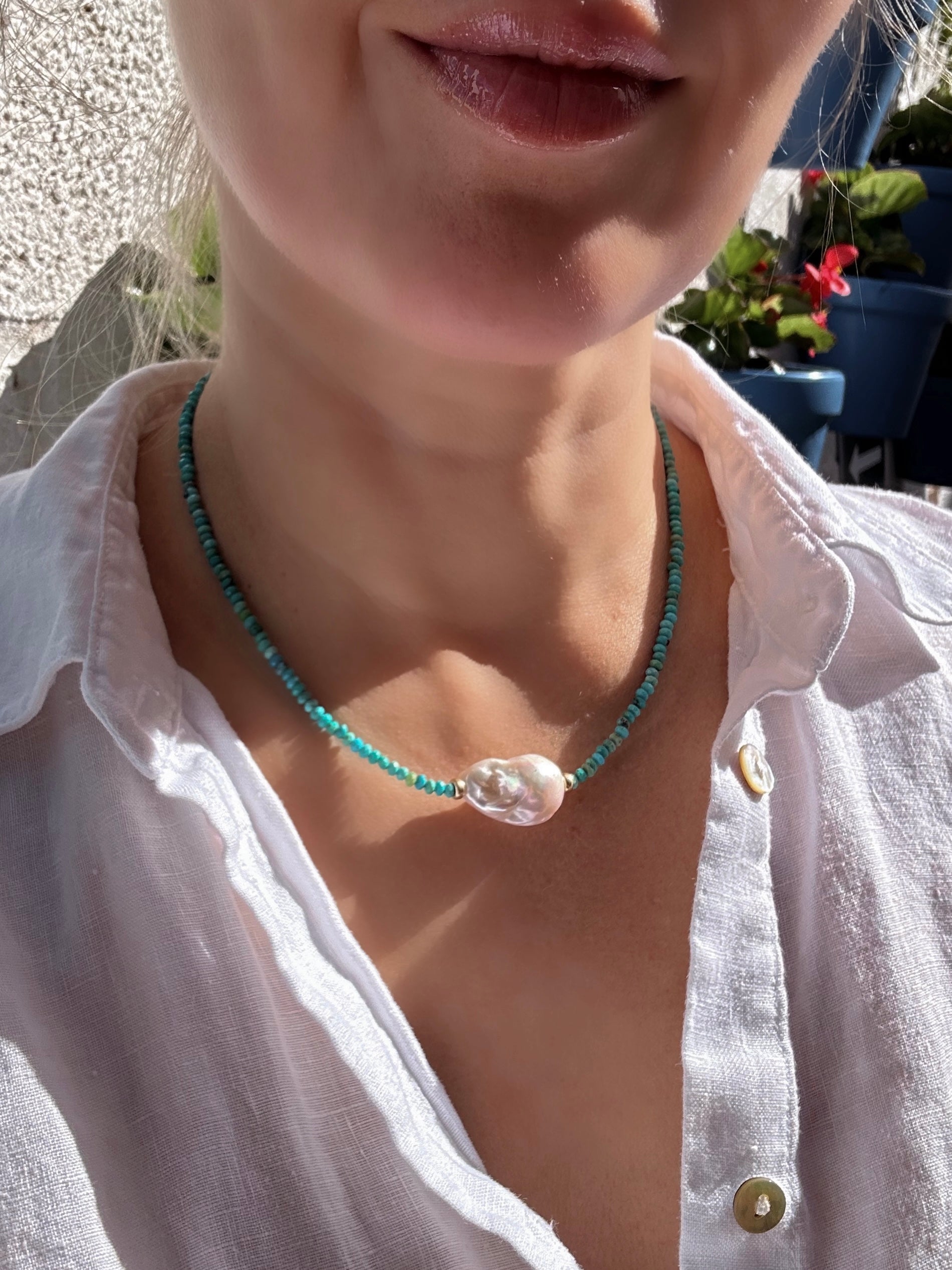 Natural Turquoise And Baroque Pearl Necklace