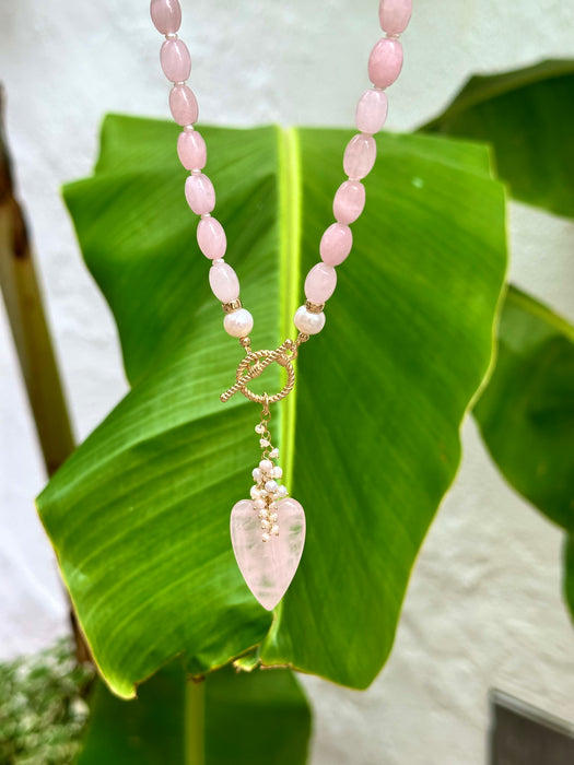 Rose Quartz Lariat Necklace With Heart Pendant